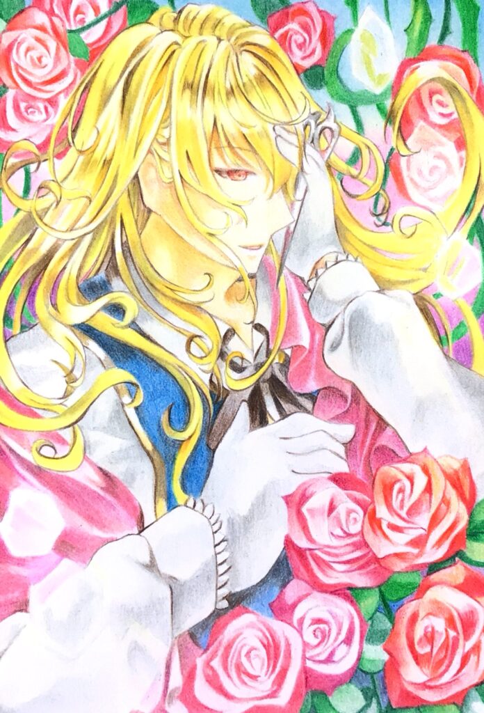 薔薇とハサミと金髪のイラスト