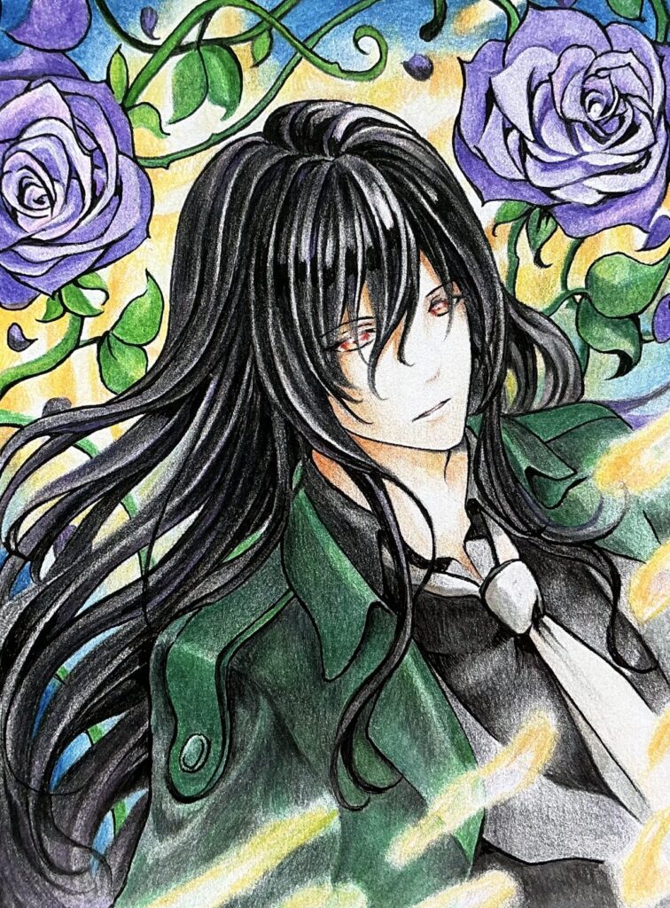 紫の薔薇と男性イラスト